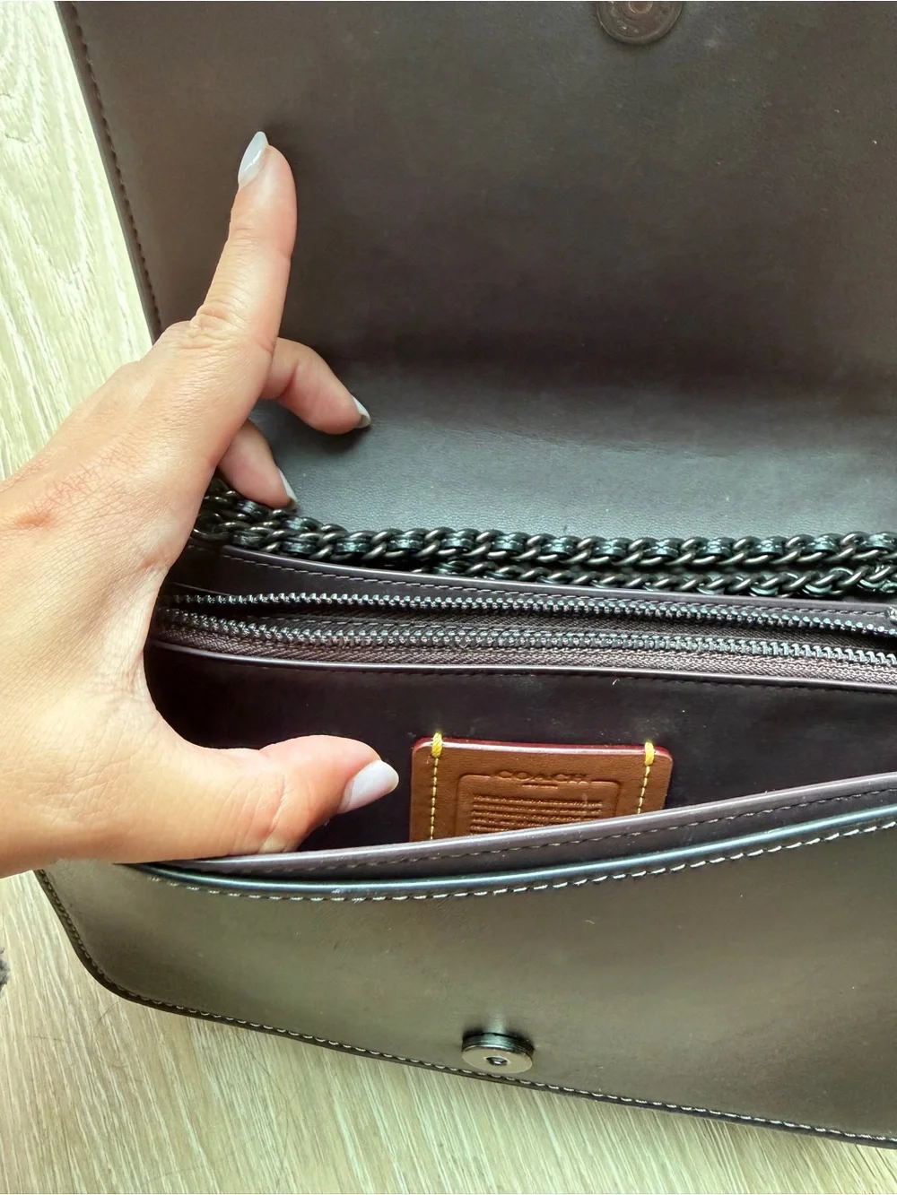 Coach Black Leather Crossbody with Gunmetal Chain